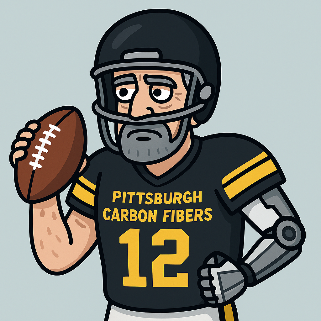 Cartoon of elderly quarterback with a bionic arm wearing a Pittsburgh Carbon Fibers jersey