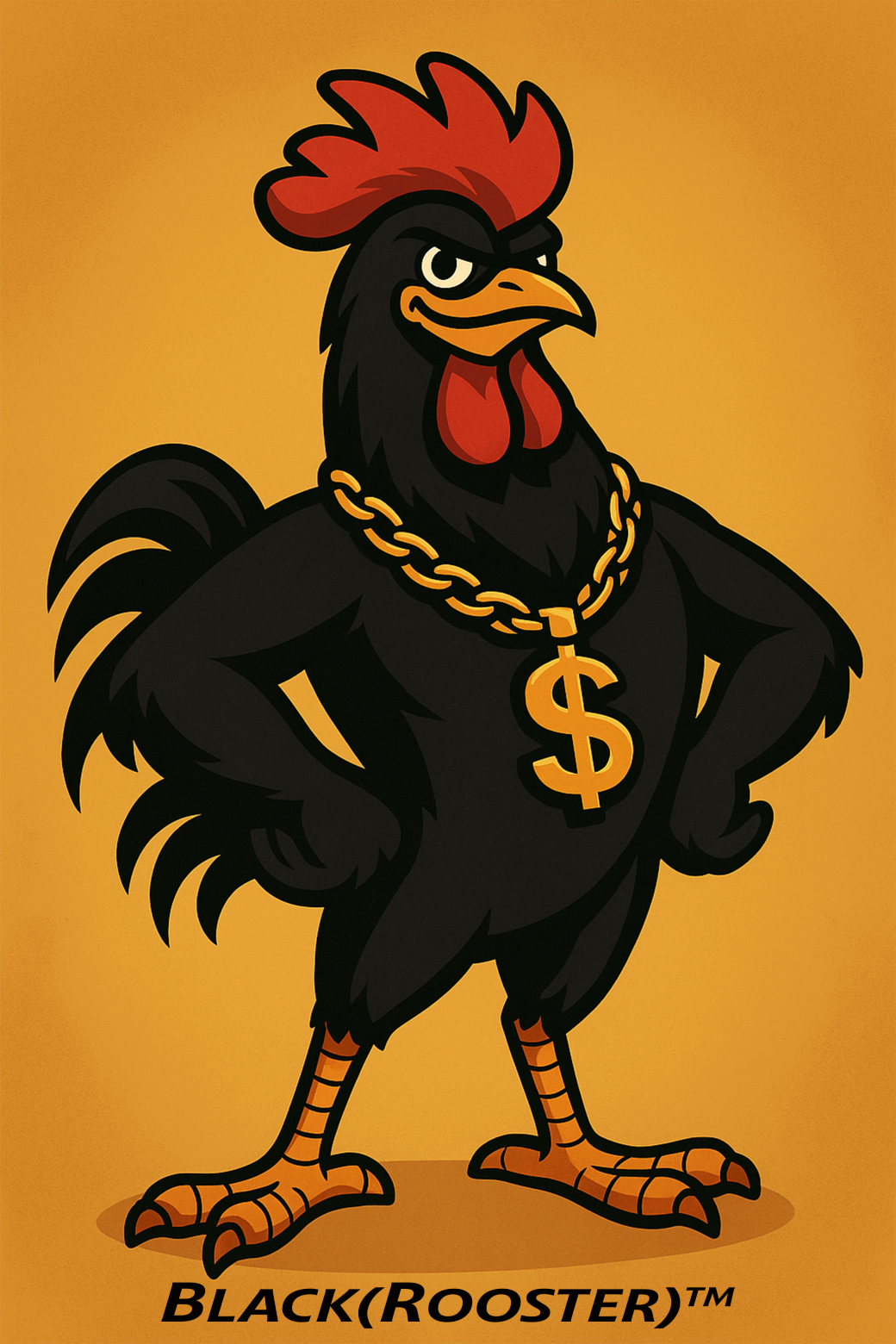 A proud black rooster in gold chain representing Black(Rooster)'s poultry retirement brand.