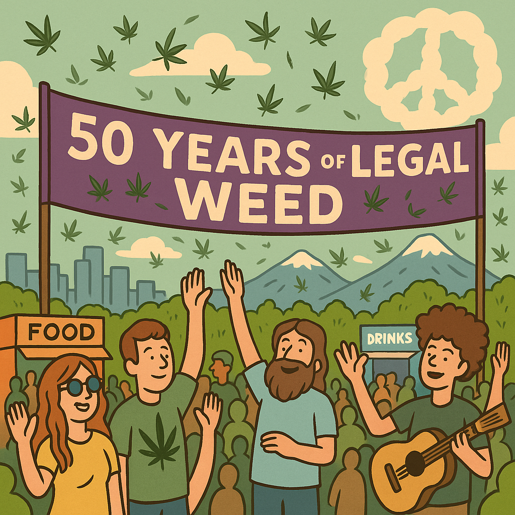 Festival in Denver celebrating 50 years of legal weed with a hazy crowd and mountains.