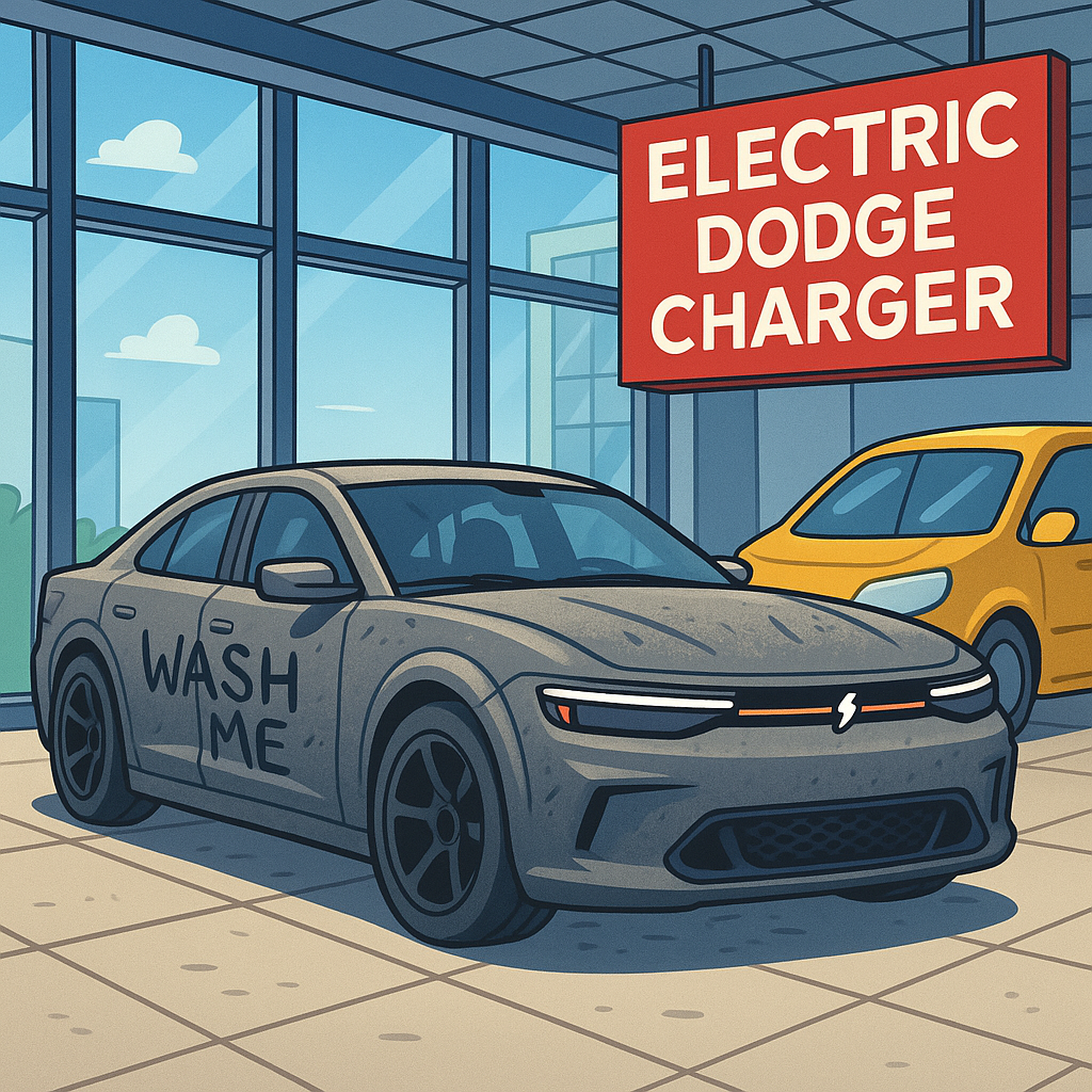Cartoon-style illustration of a futuristic Dodge Charger in a dealership showroom.