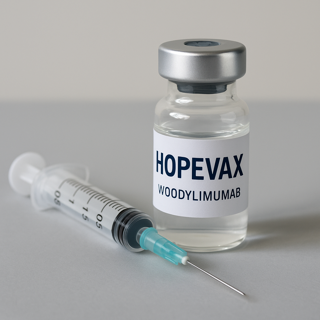 Syringe and vial labeled HopeVax (Woodylimumab) on a clinical background.