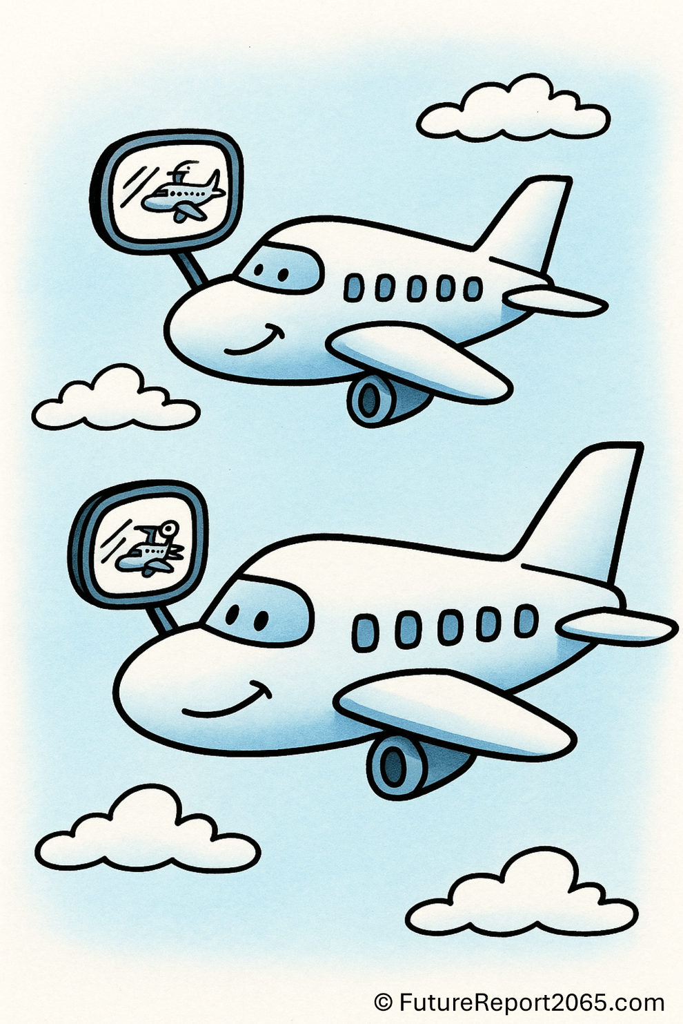Two smiling airplanes with rear-view mirrors replacing air traffic control.
