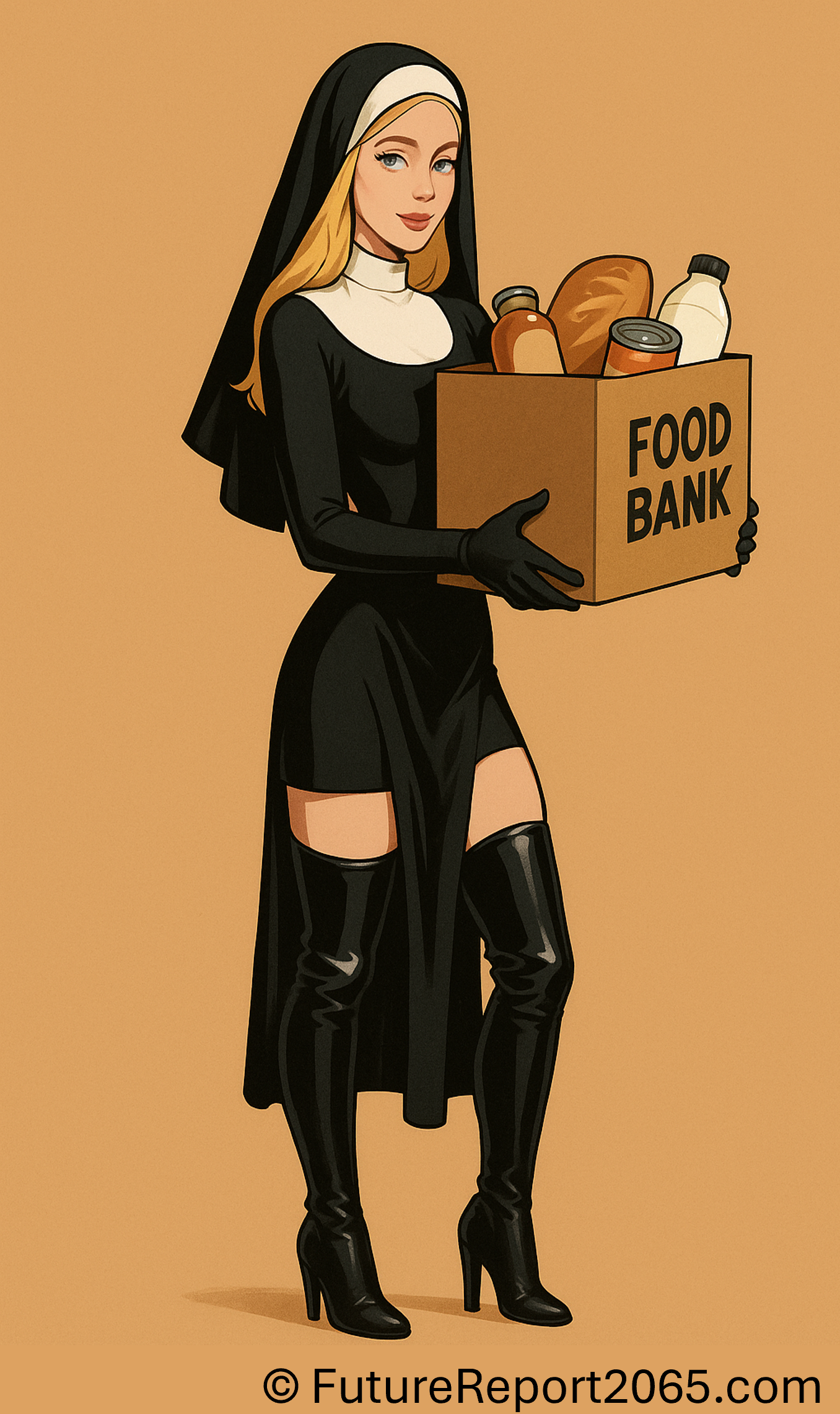 Sister Bonnie Blue opens her 9th food bank with joyful volunteers and androids carrying crates.